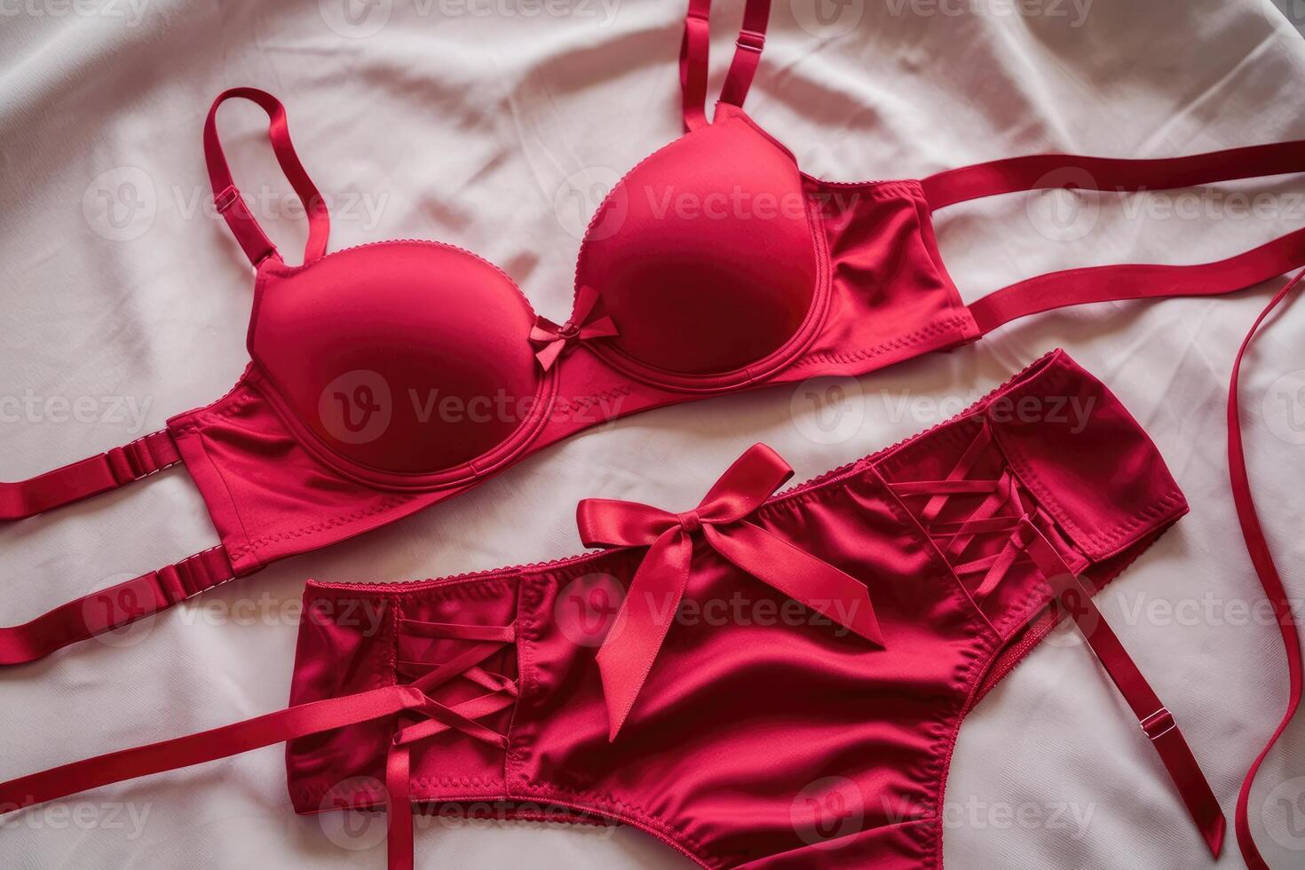 Red lingerie set with lace and ribbon detailing on white sheets photo
