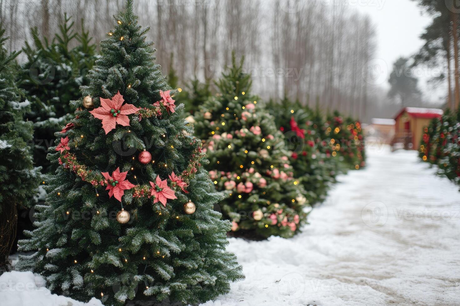 Christmas trees decorated with poinsettias and lights in snowy outdoor market photo