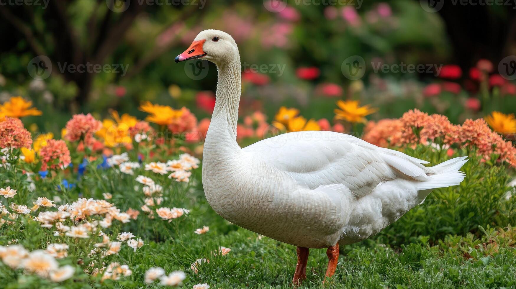 White goose standing in a colorful flower bed in a garden photo