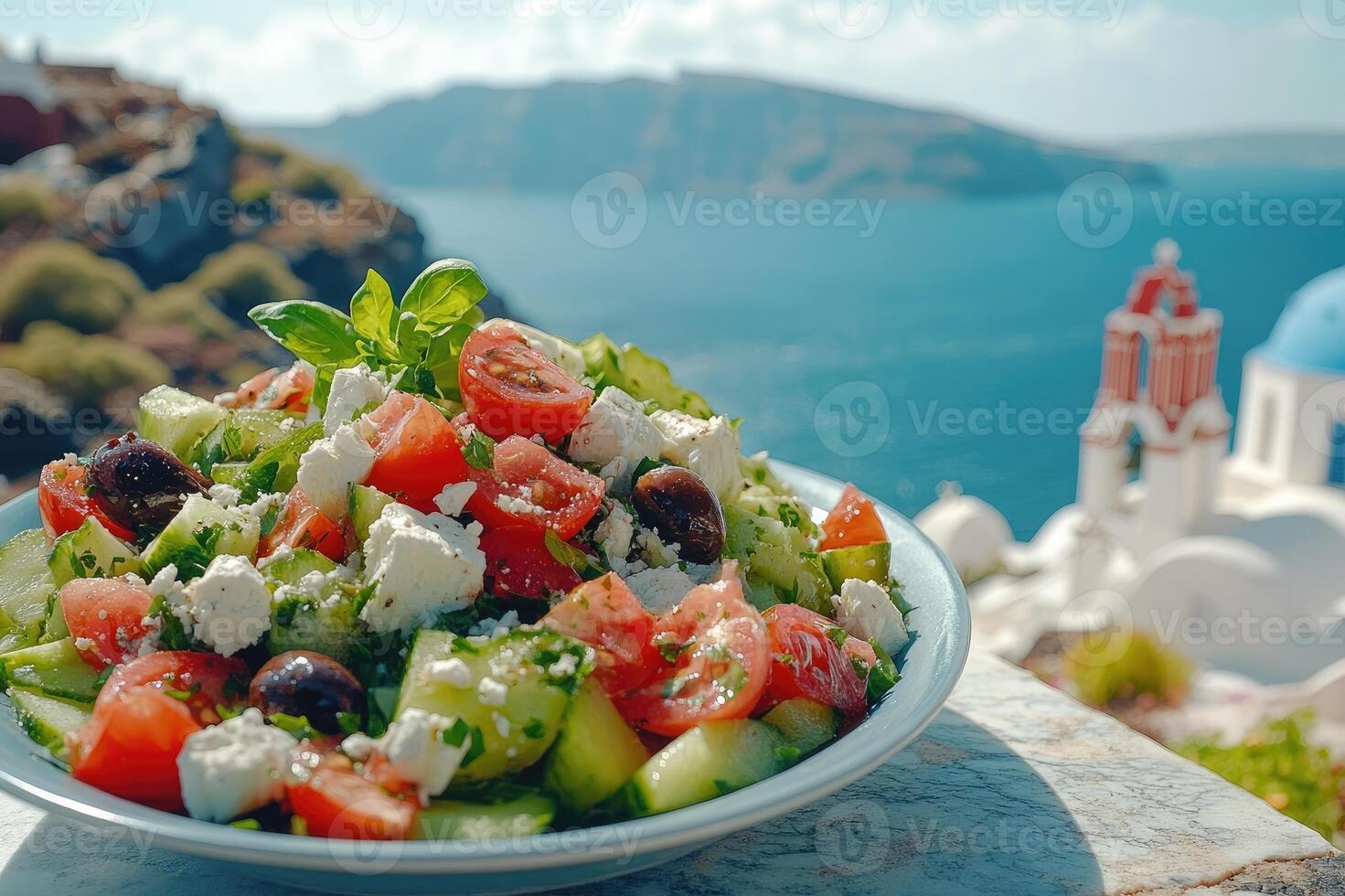 Enjoying delicious greek salad in santorini with caldera view photo