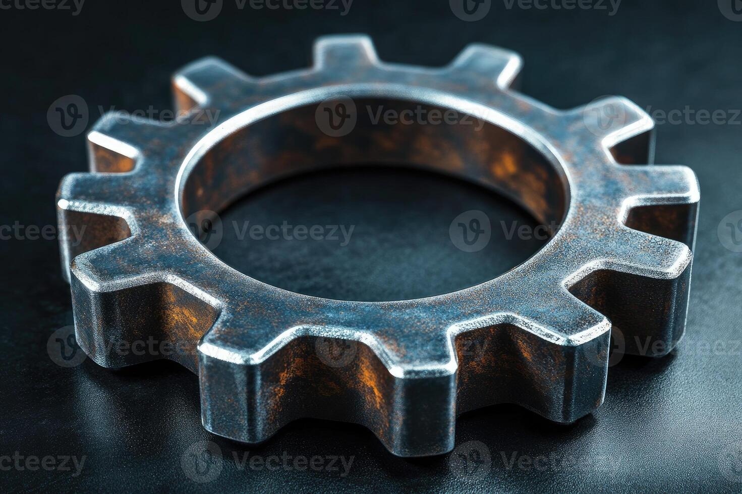 Rusty metal gear rotating on dark background symbolizing industrial processes photo
