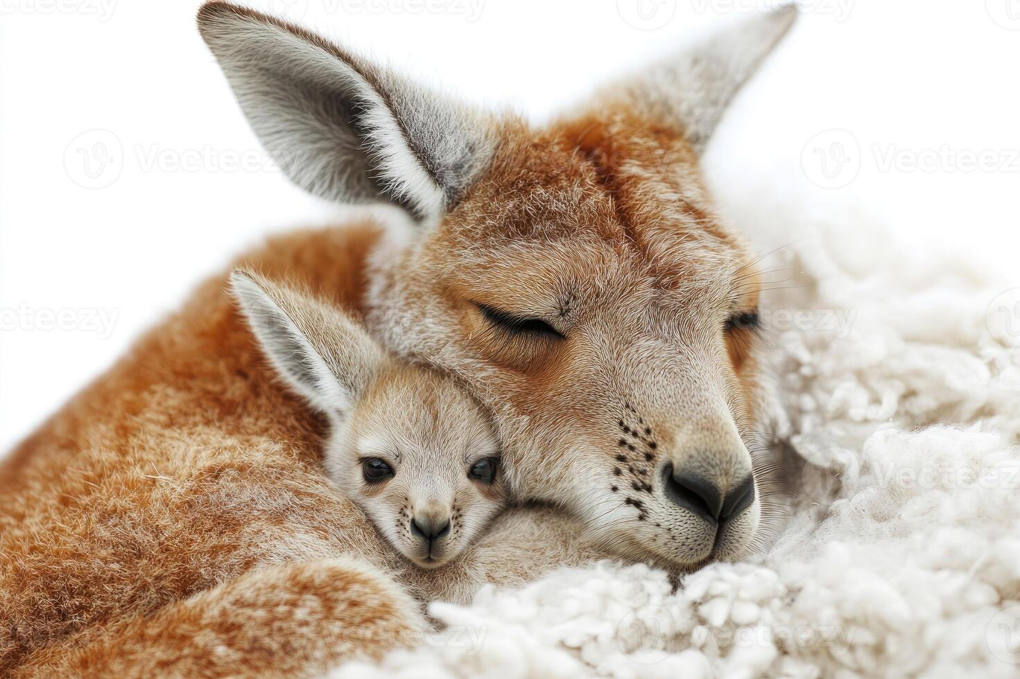 Red kangaroo mother and joey sleeping peacefully on white wool photo