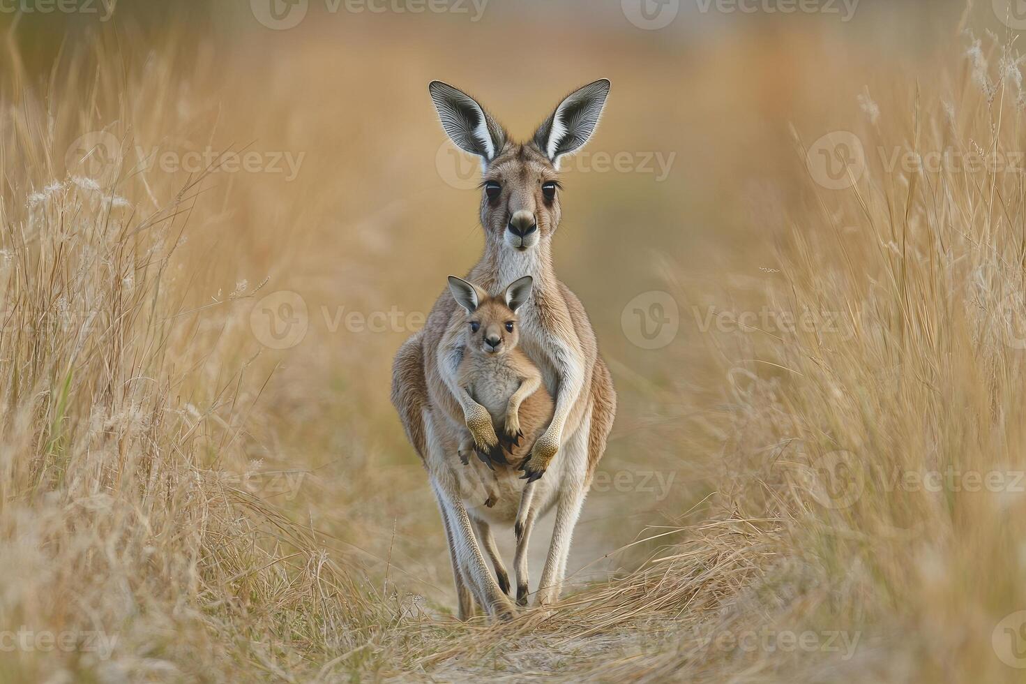 Kangaroo carrying joey in pouch walking through grassland photo