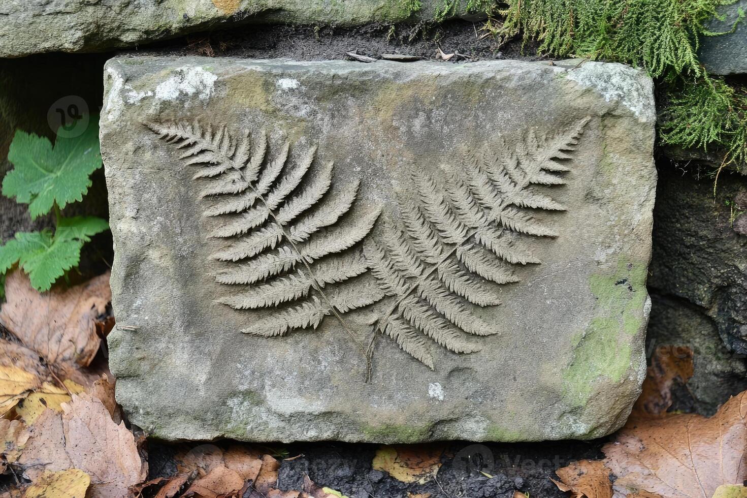 Decorative stone showing imprint of fern leaves in garden setting photo