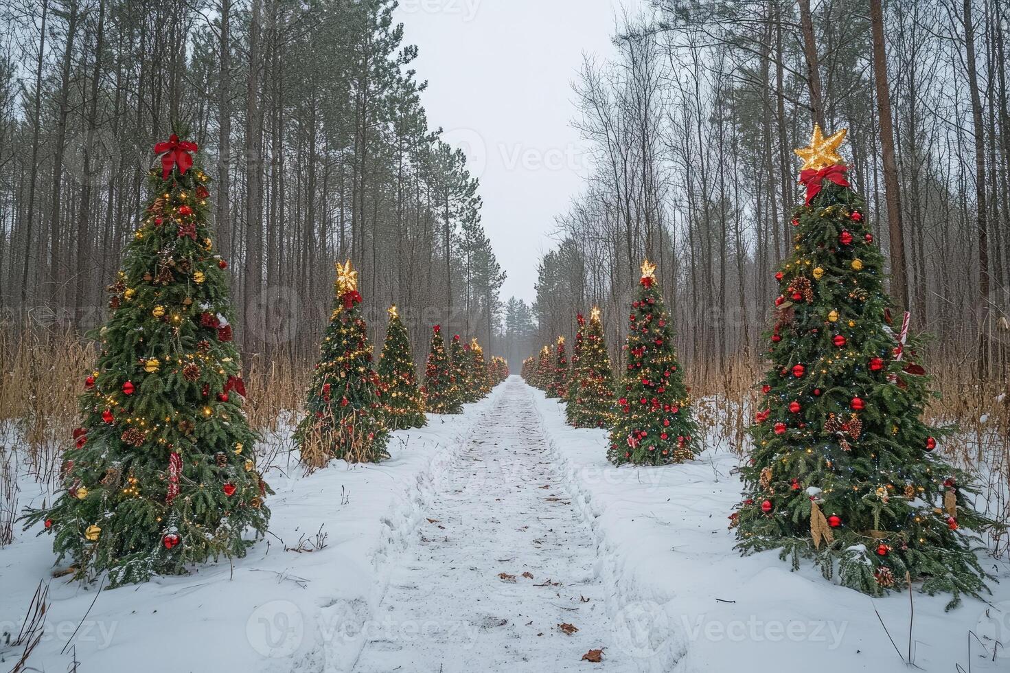 Christmas trees lighting a snowy path in a winter wonderland photo