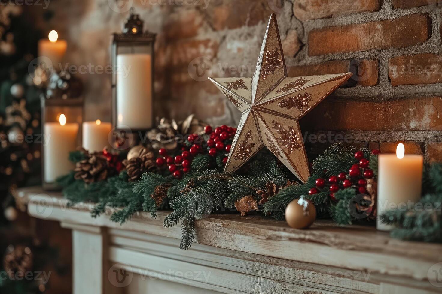 Christmas star illuminating festive fireplace mantle decor with burning candles photo