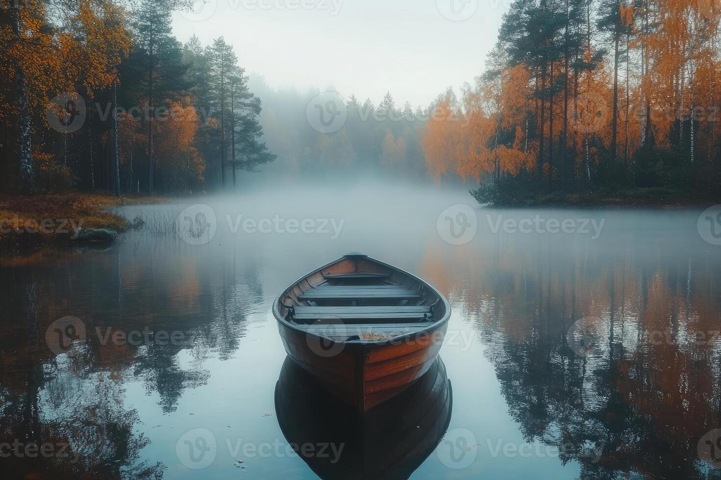 Wooden boat floating on a misty lake in autumn forest photo