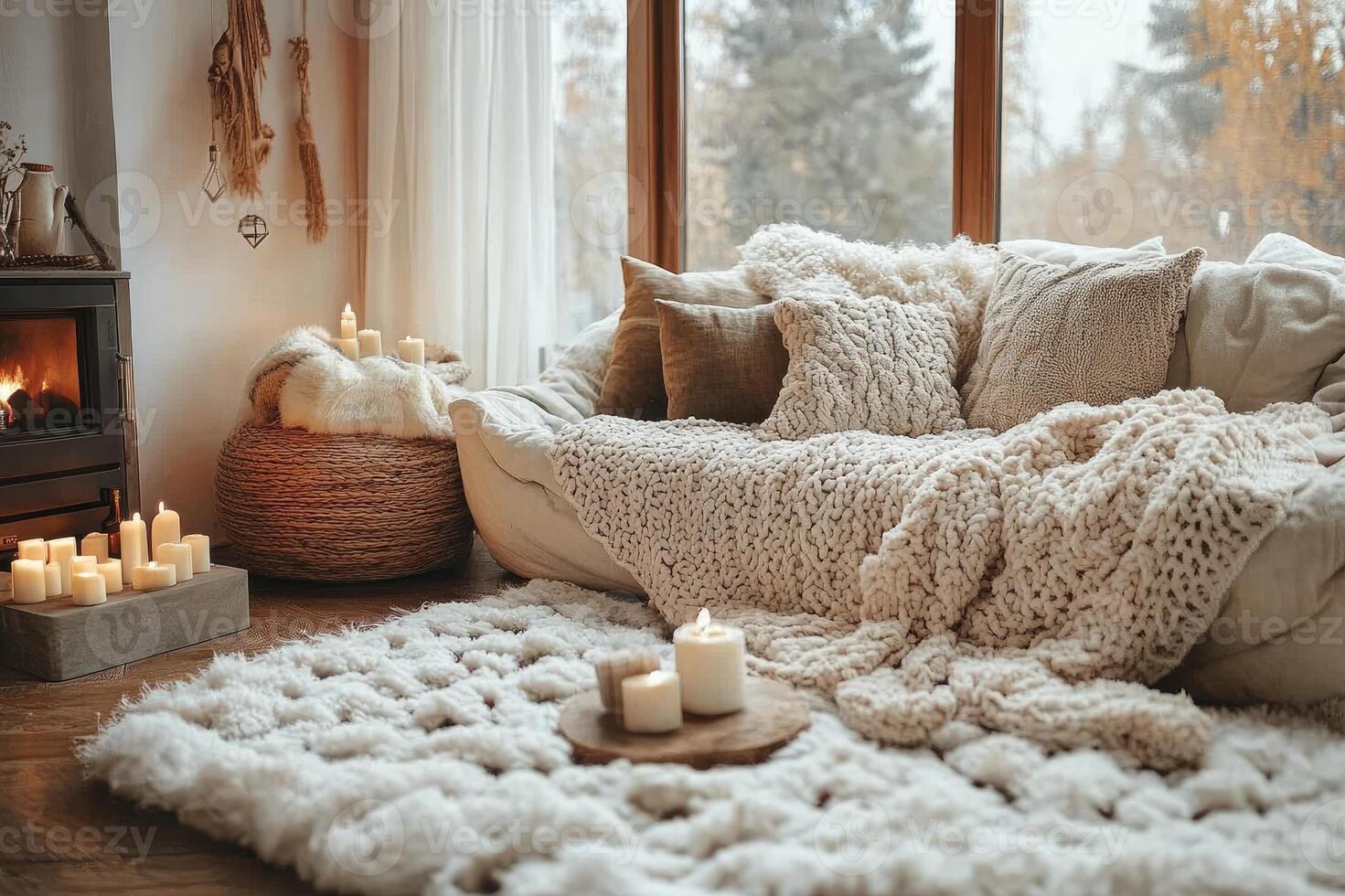 Cozy living room with burning fireplace and knitted plaid creating warm atmosphere photo