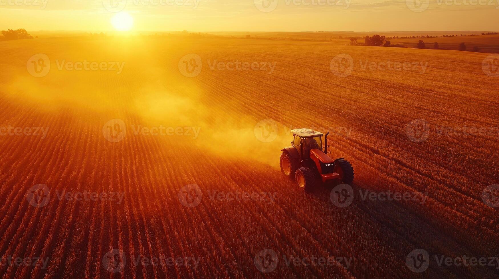 Red tractor working in wheat field at sunset creating dust cloud photo