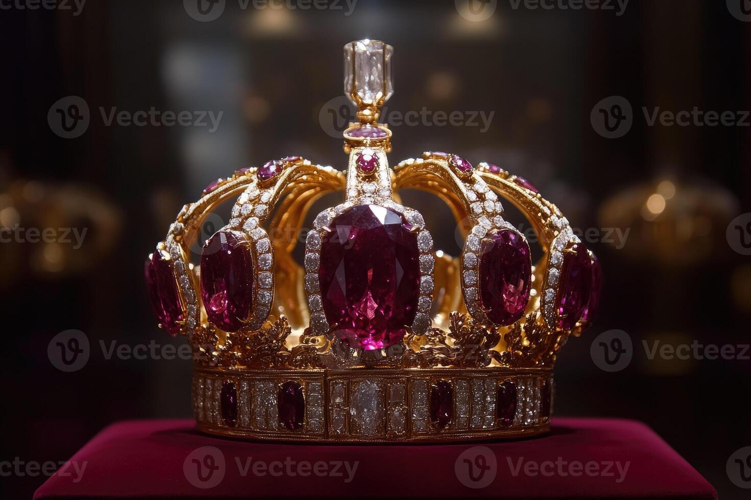 Golden royal crown sparkling with rubies and diamonds on display photo