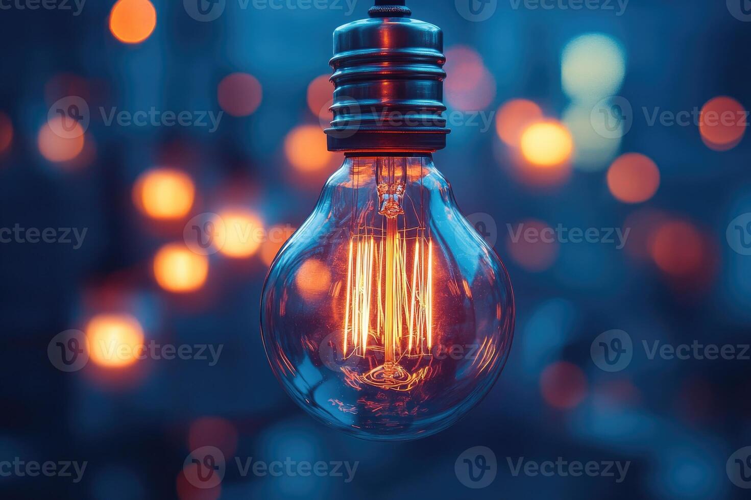Bright lightbulb hanging, illuminating dark blue background with orange bokeh photo