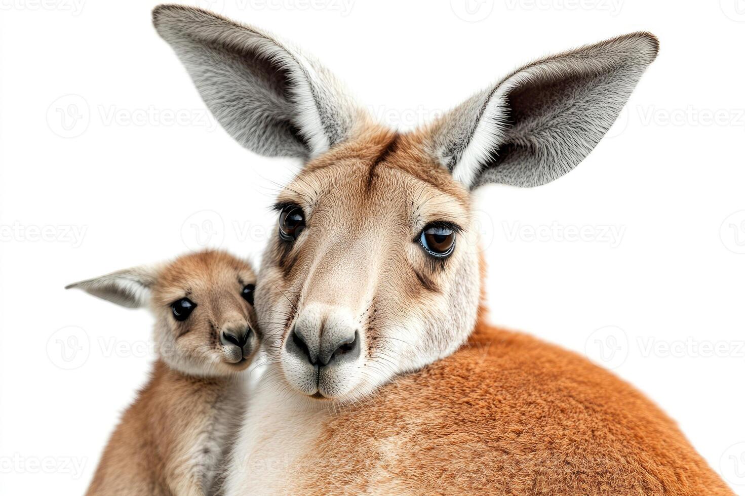 Red kangaroo carrying joey in pouch on white background photo