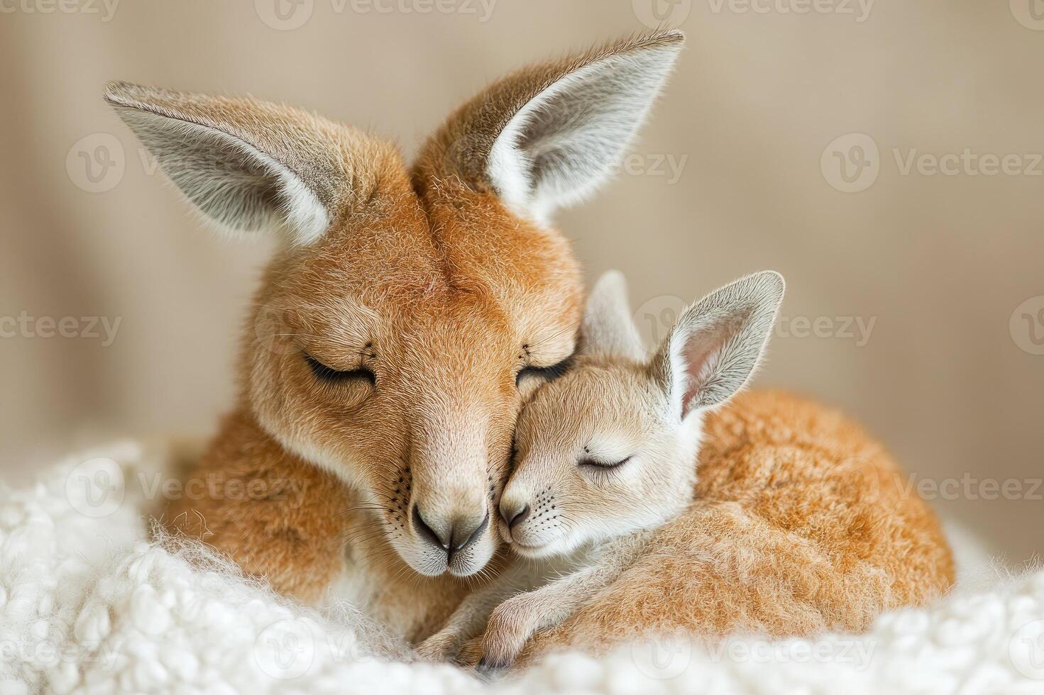 Red kangaroo mother embracing baby joey on soft blanket photo