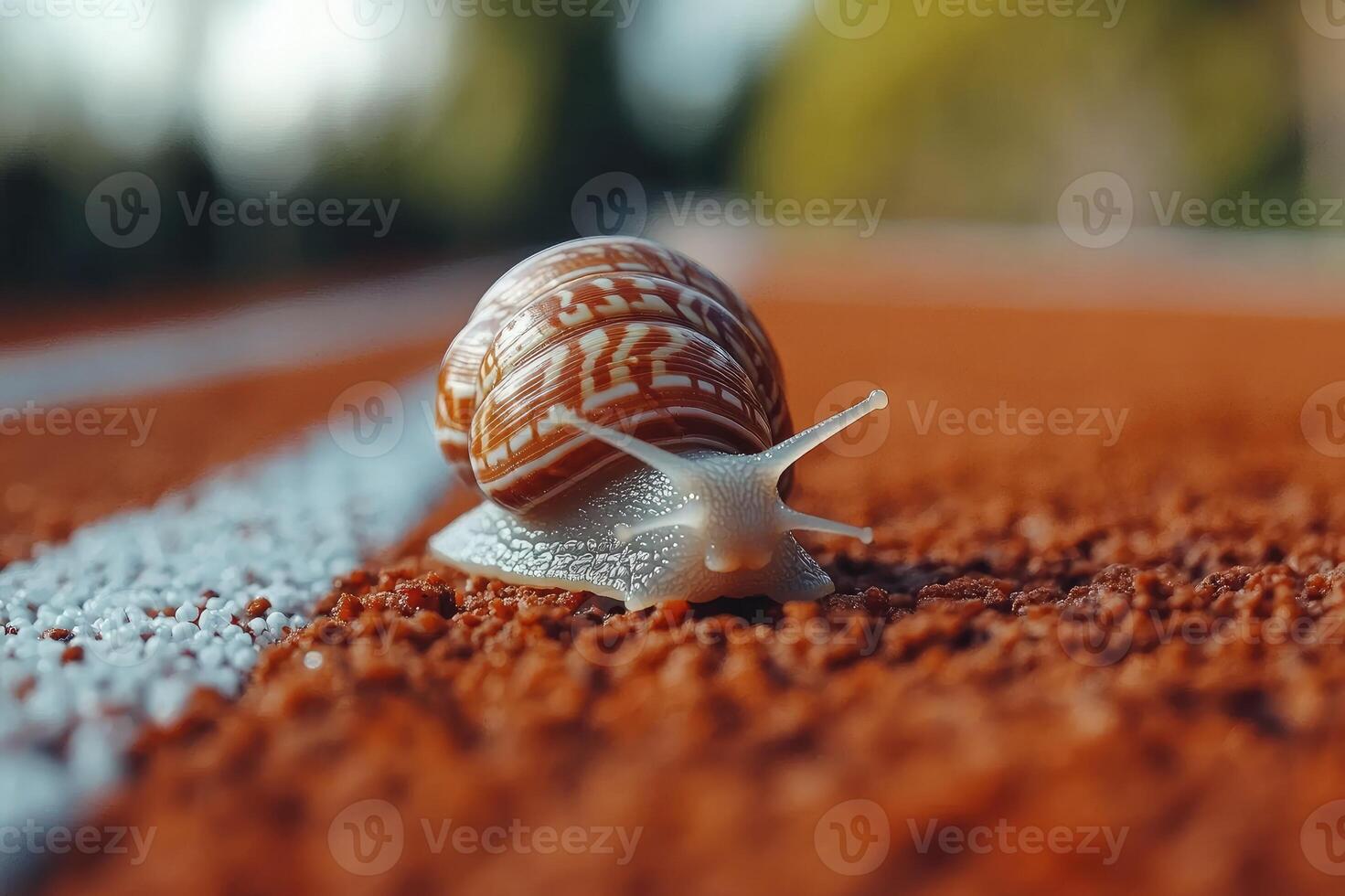 Snail crawling on running track representing slow progress and persistence photo