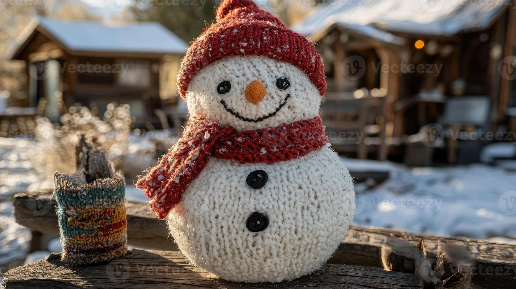 Smiling knitted snowman wearing red hat and scarf in snowy winter wonderland photo