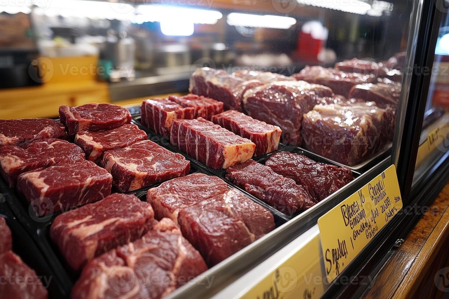 Butcher displaying various cuts of fresh red meat in refrigerated case photo