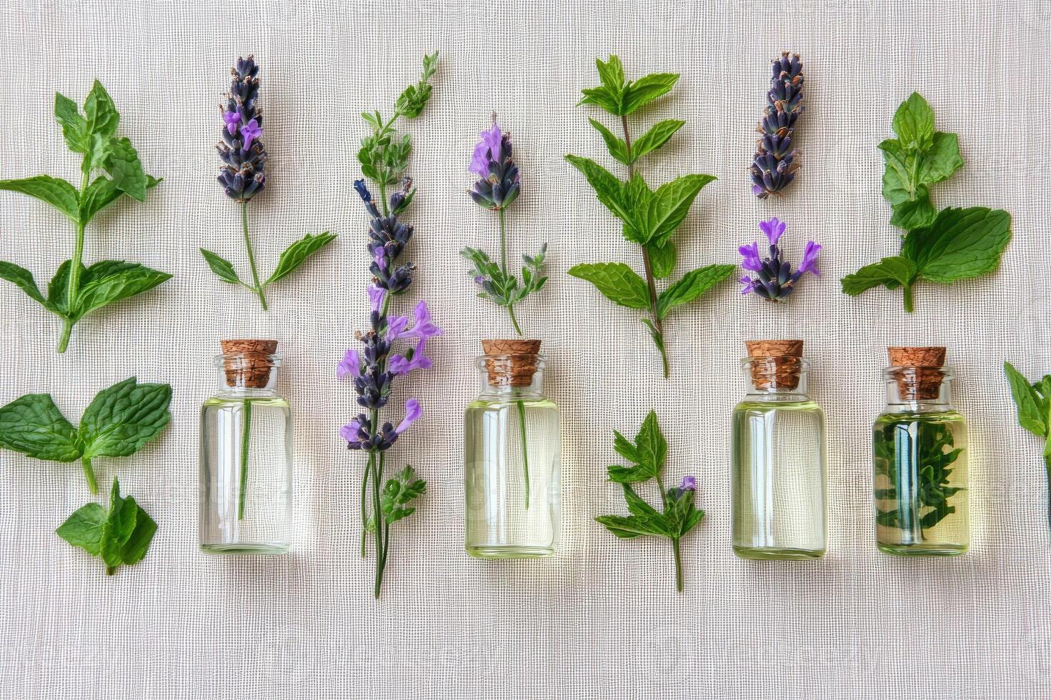 Fresh mint and lavender essential oils with sprigs arranged on beige linen photo