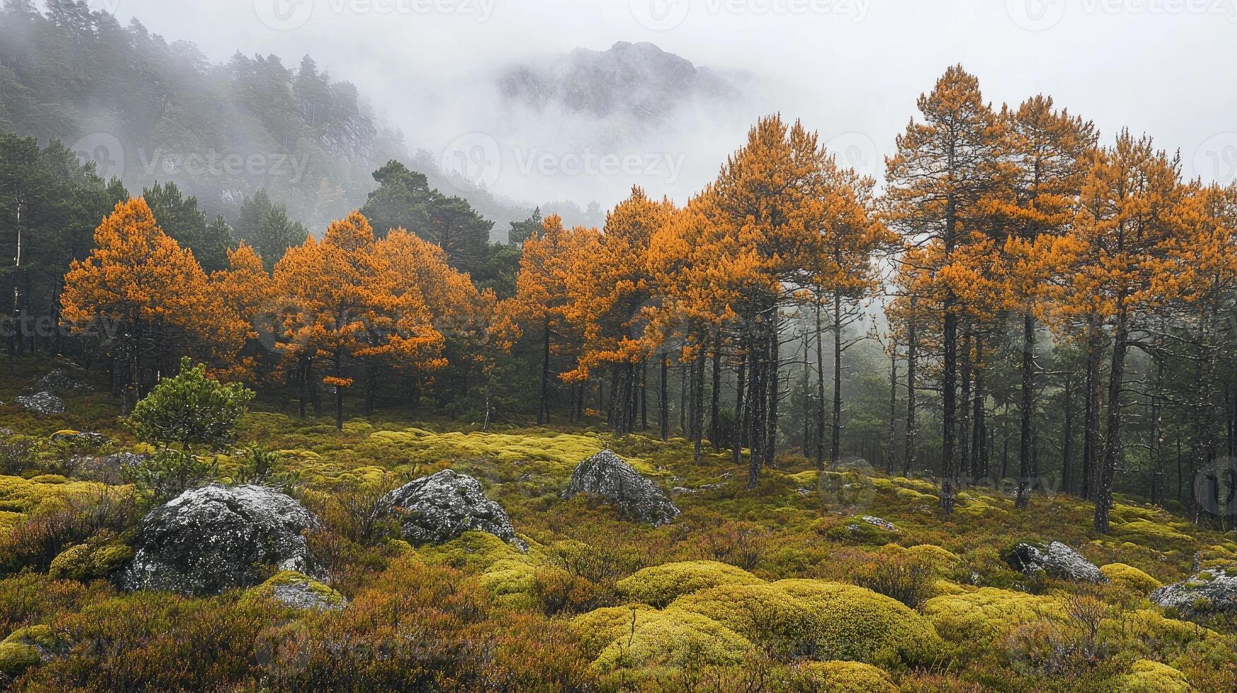 Fog rolling over colorful autumn trees and mossy ground photo