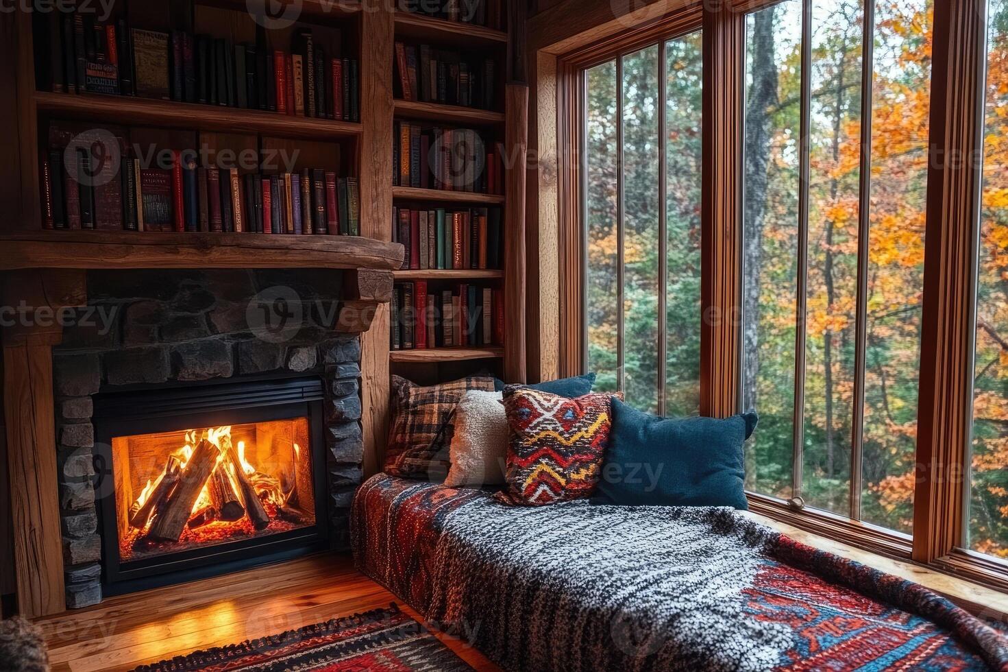 Cozy reading nook by fireplace with autumn view embracing tranquility photo