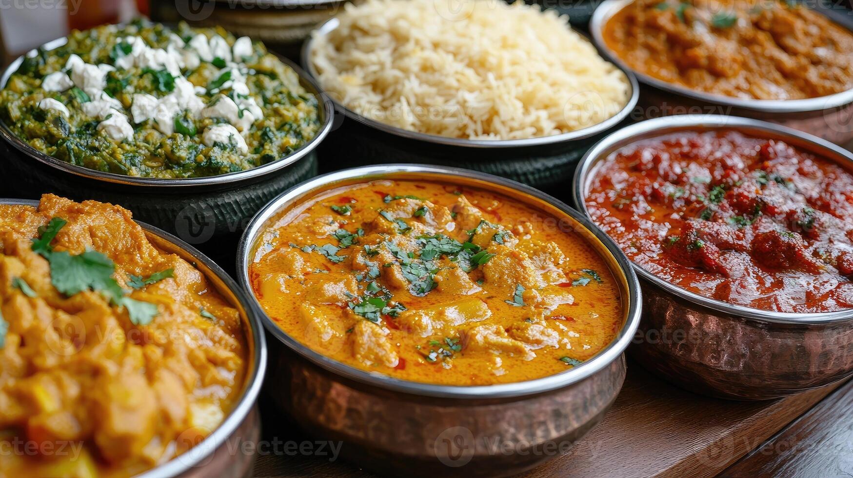 Traditional indian dishes served in copper bowls, featuring chicken tikka masala, palak paneer, and rice photo