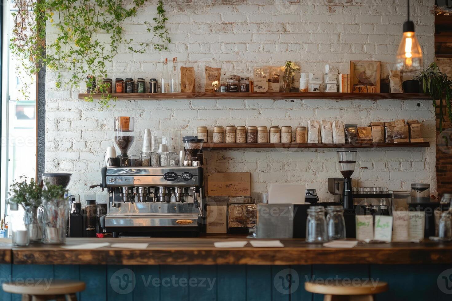 Coffee machine and shelves with ingredients displayed in cozy coffee shop photo