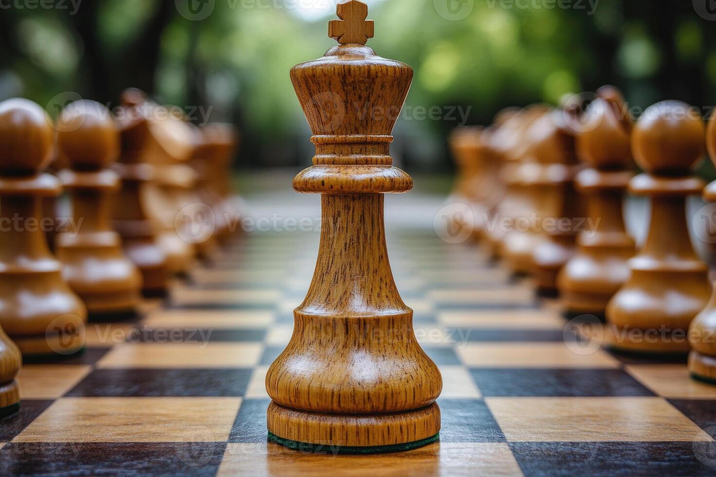 Wooden king chess piece standing on chessboard with other pieces in background photo