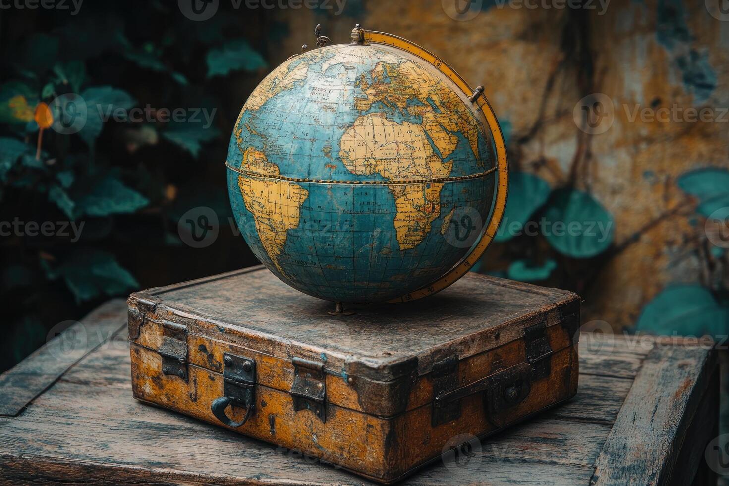 Vintage globe rests on antique suitcase, evoking travel and exploration photo