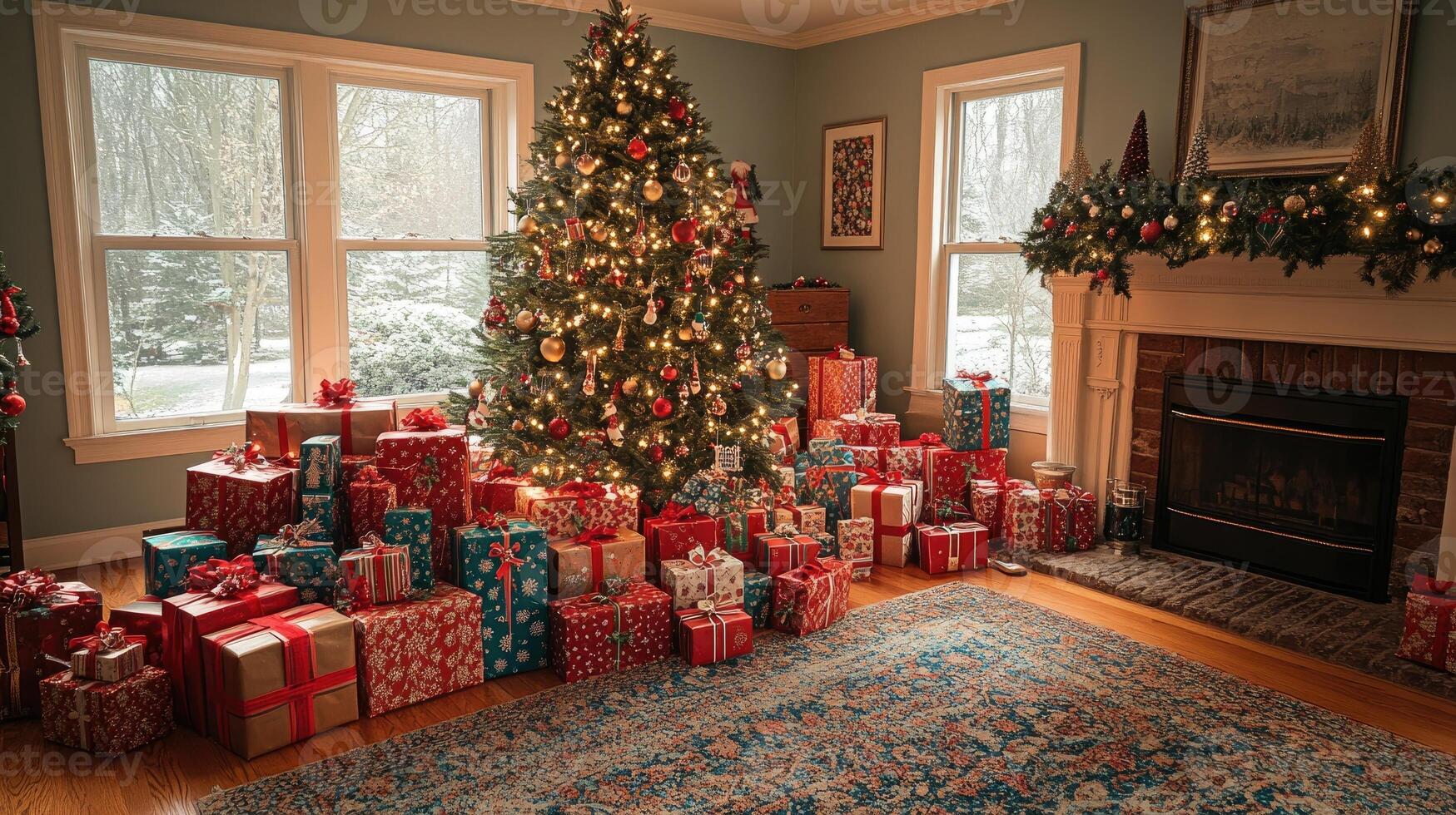 Christmas tree shining brightly in cozy living room with wrapped presents photo