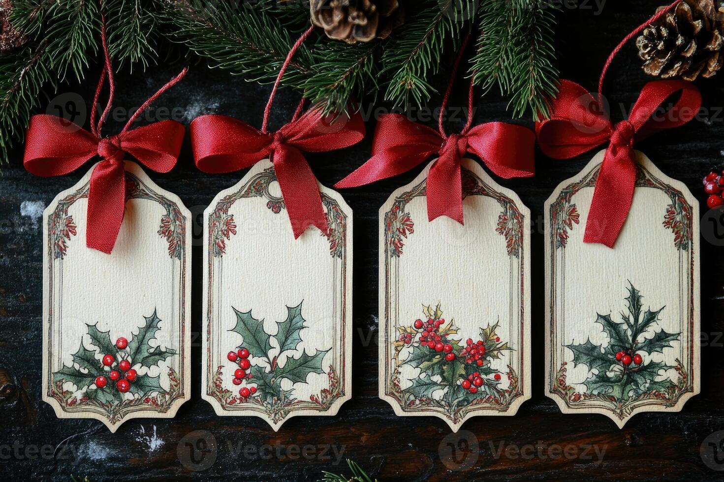 Christmas gift tags with holly and red ribbon hanging on wooden background photo