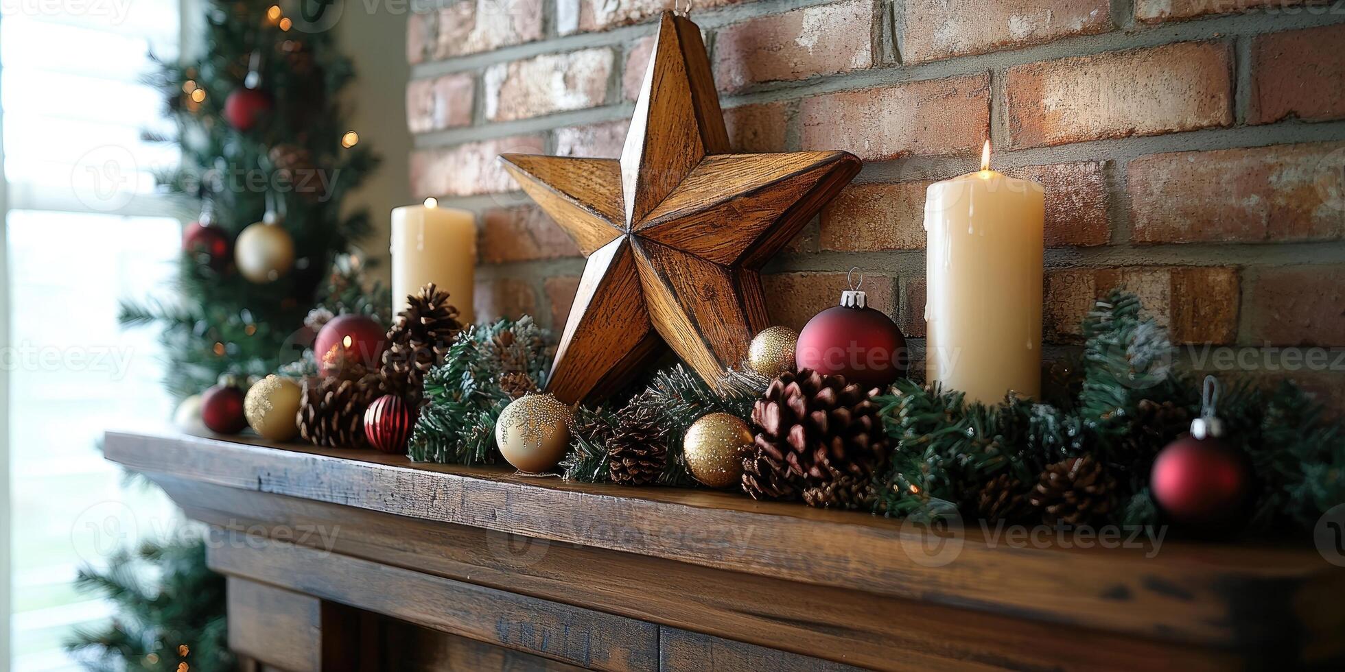 Christmas decoration on rustic fireplace mantel with lit candles and wooden star photo