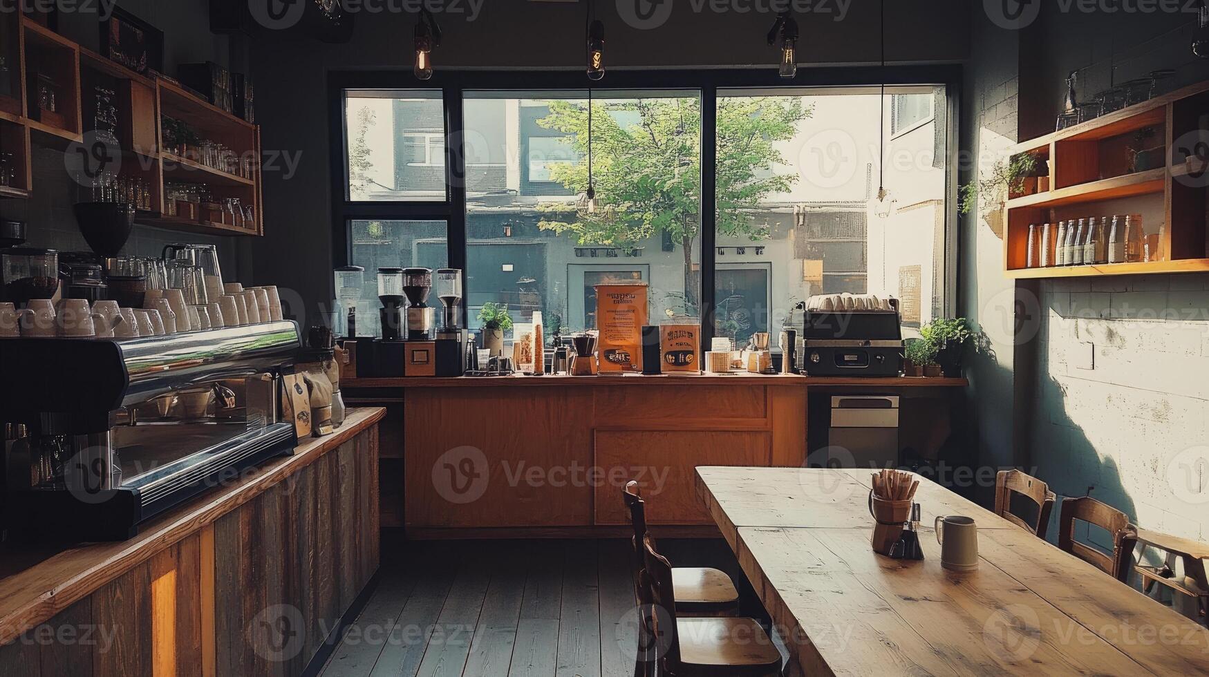 Empty coffee shop interior with large window displaying city view photo