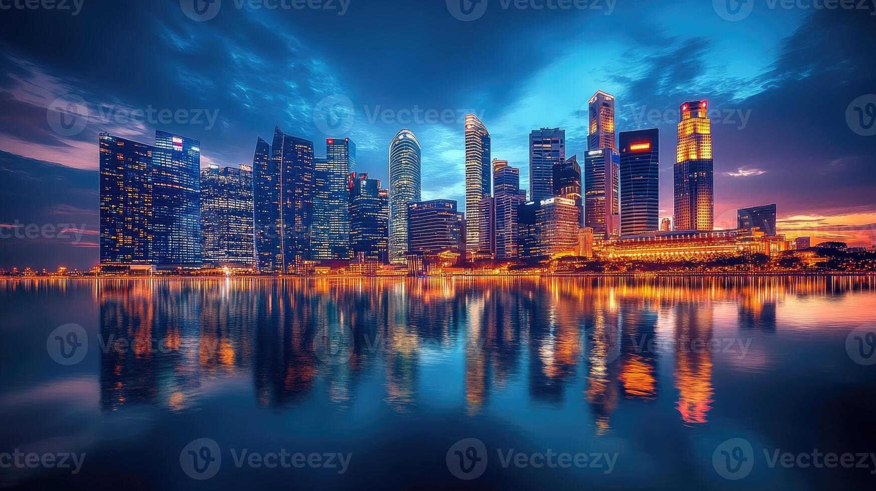 Singapore skyline reflecting in marina bay at dusk photo