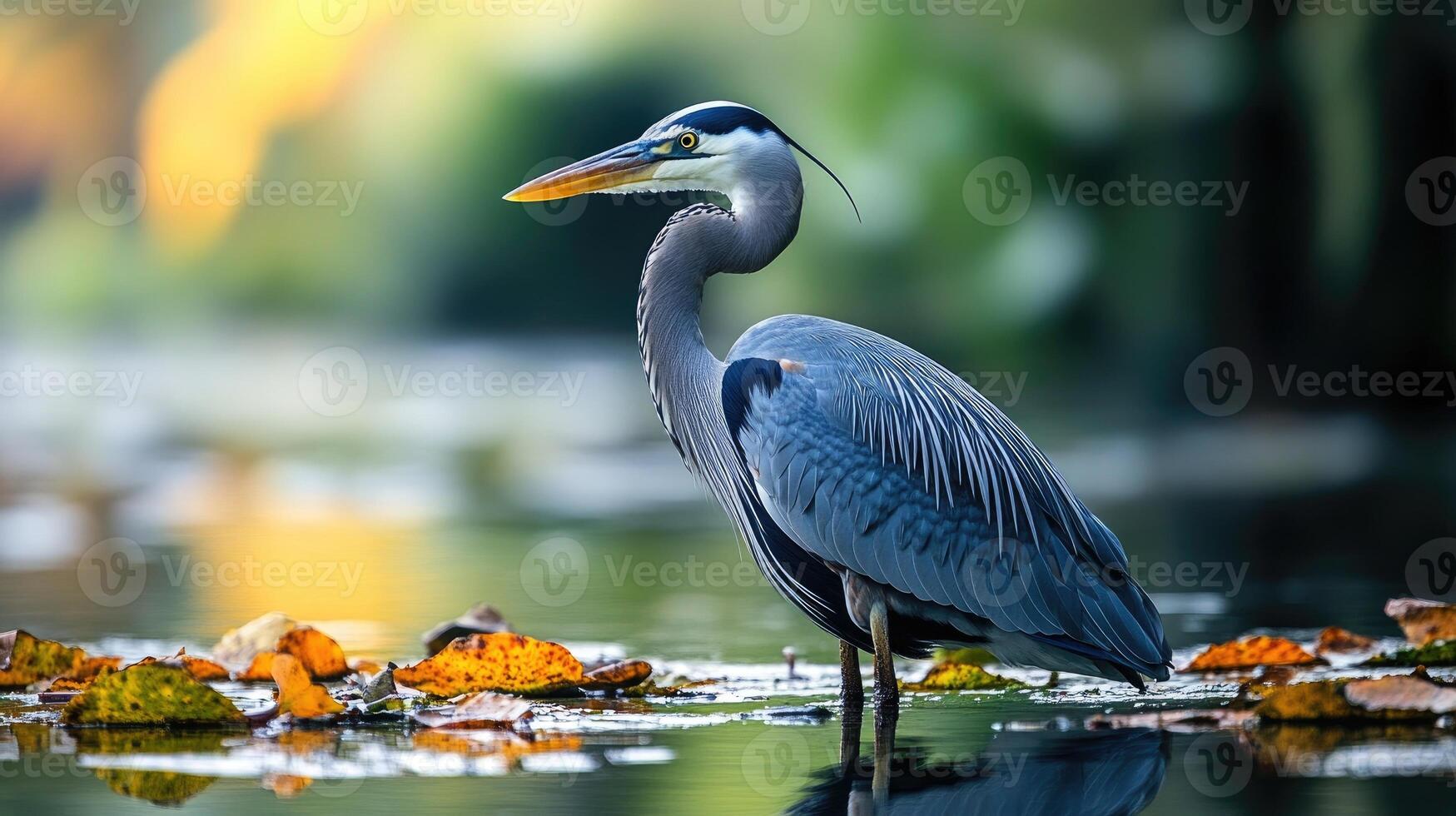 Great blue heron wading in water with autumn leaves photo