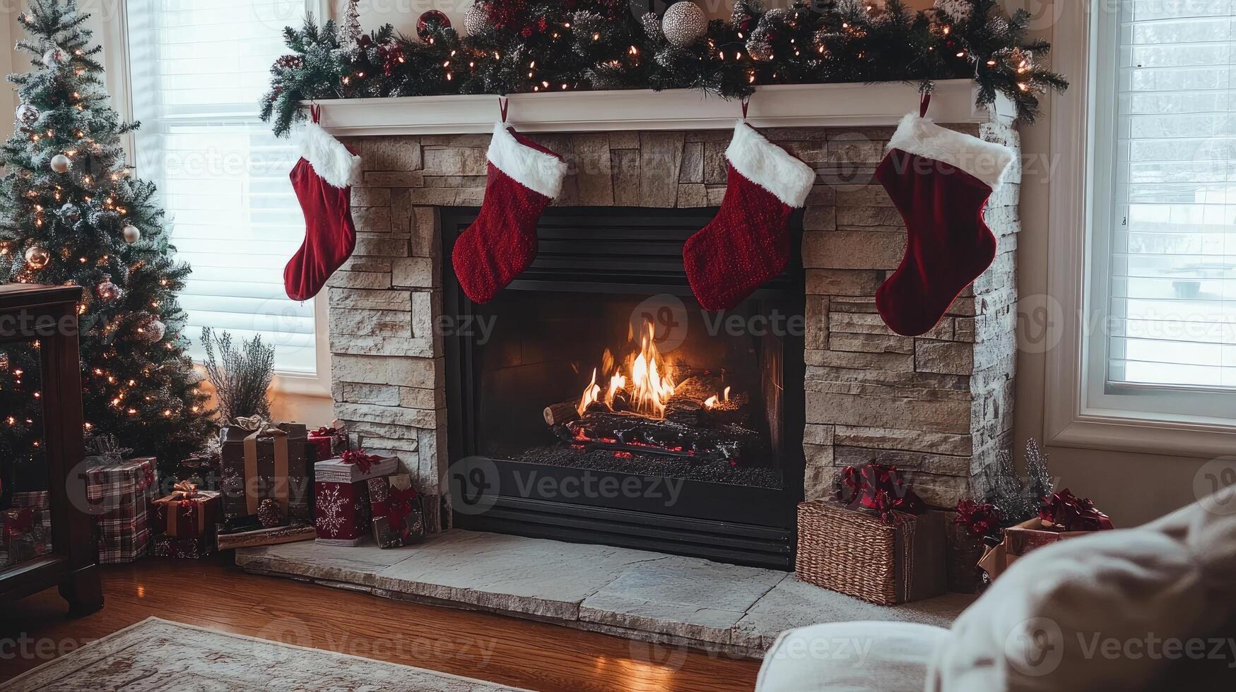Christmas stockings hanging on fireplace with lit fire and christmas tree photo