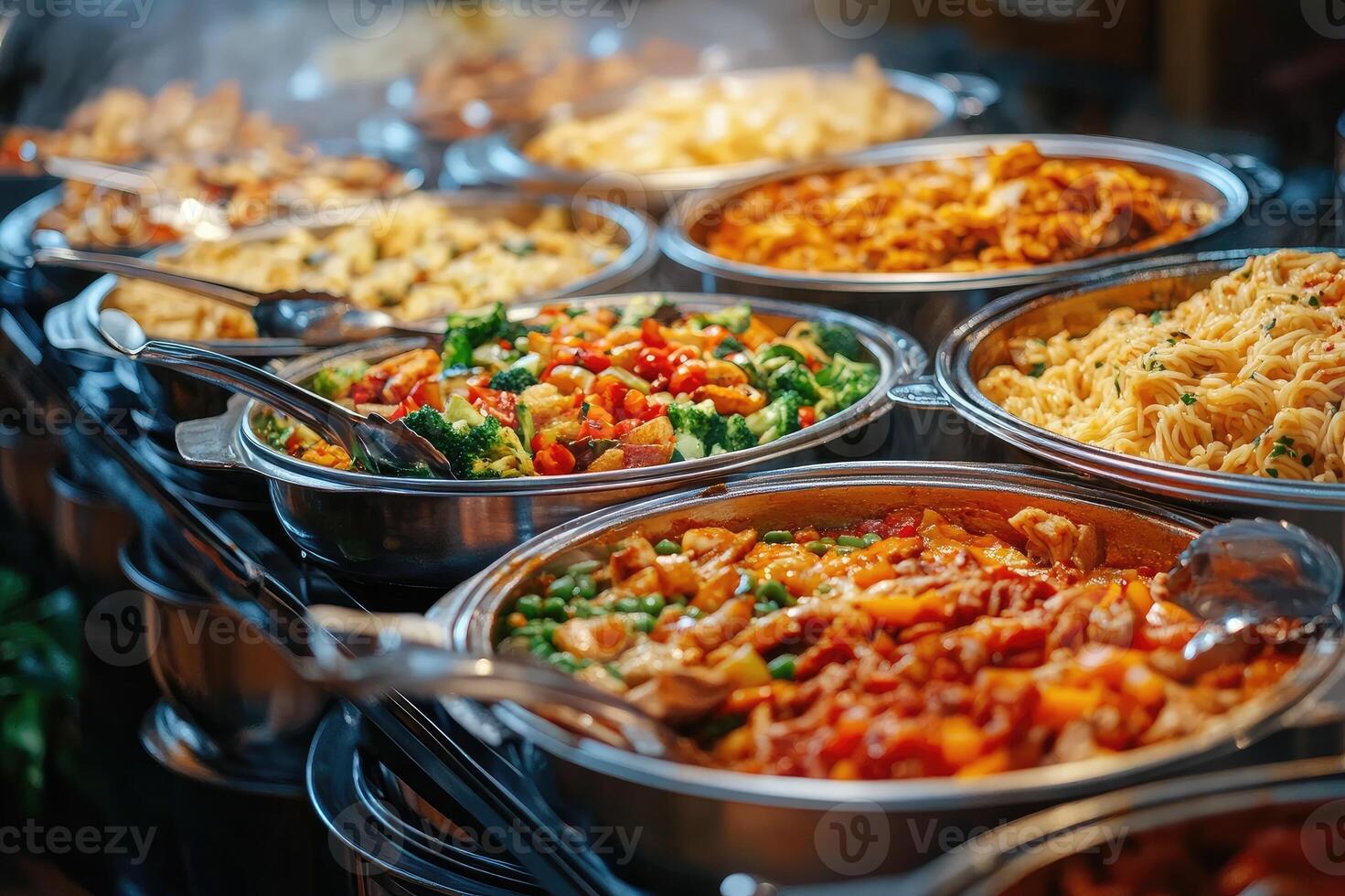 Steaming hot buffet displaying variety of delicious dishes photo