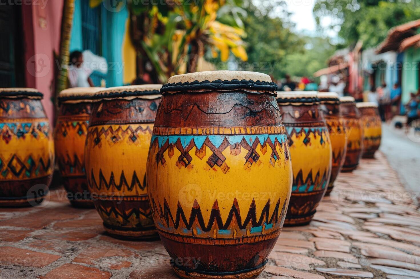 Colorful conga drums displayed on a cobblestone street in trinidad, cuba photo
