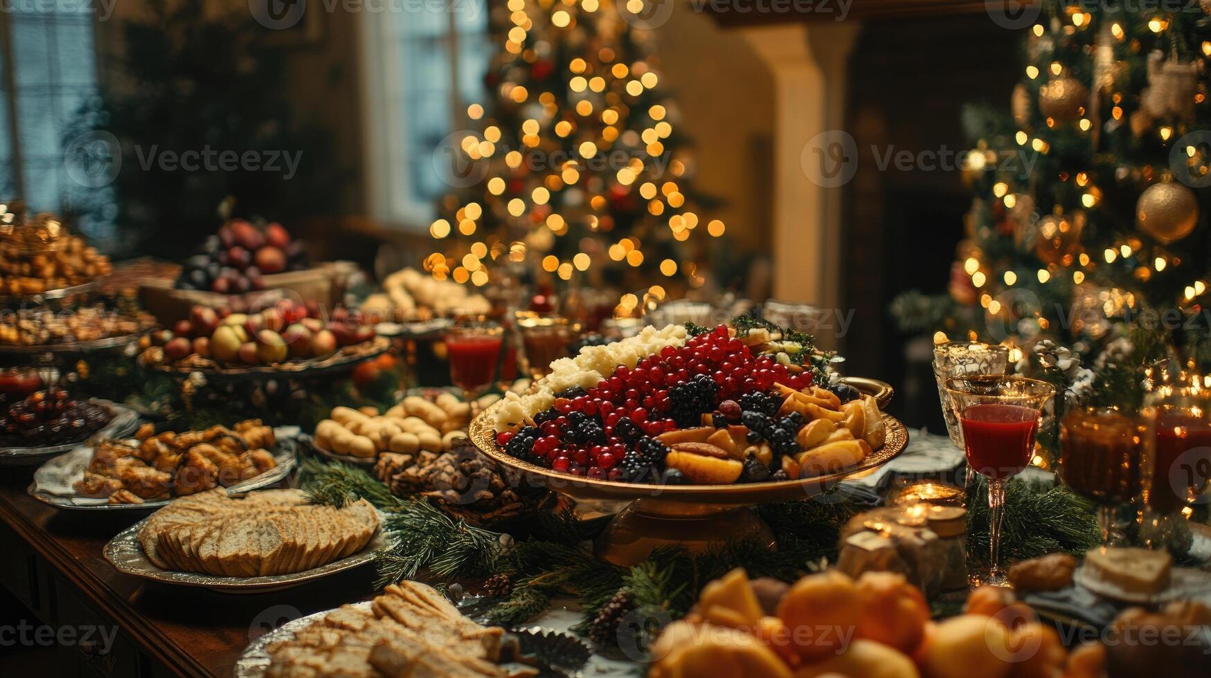 Christmas dinner table setting showing festive food and decorated trees photo