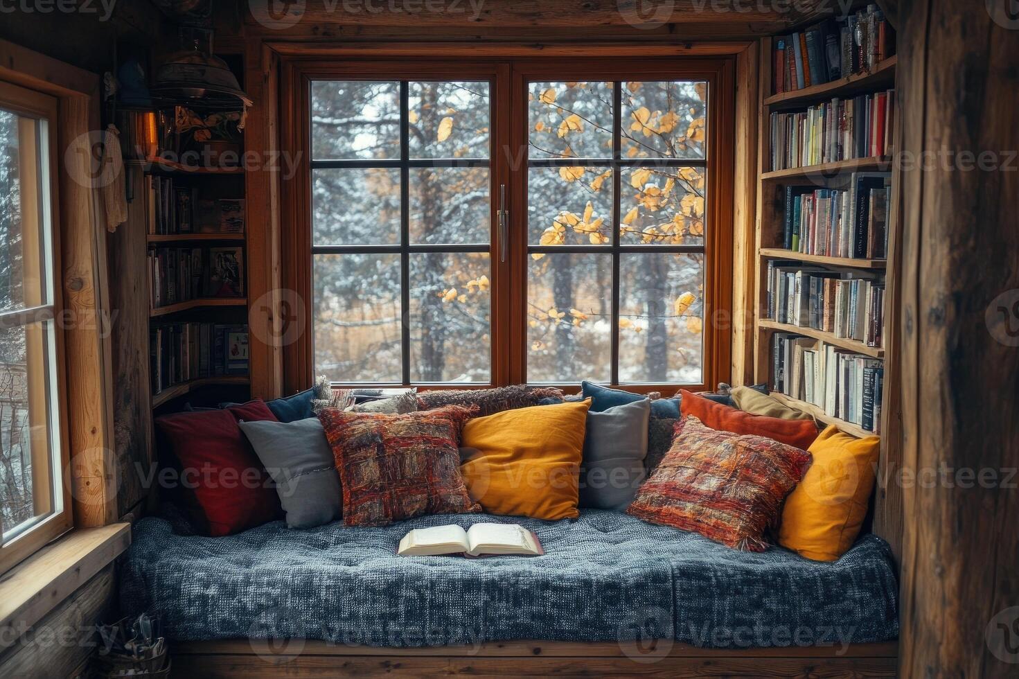 Cozy reading nook overlooking snowy winter landscape in rustic log cabin photo