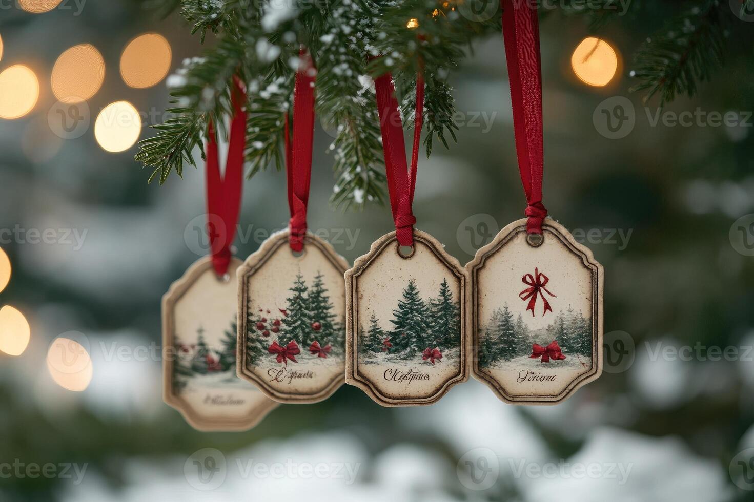 Christmas gift tags hanging on snowy pine tree with red ribbon and lights photo