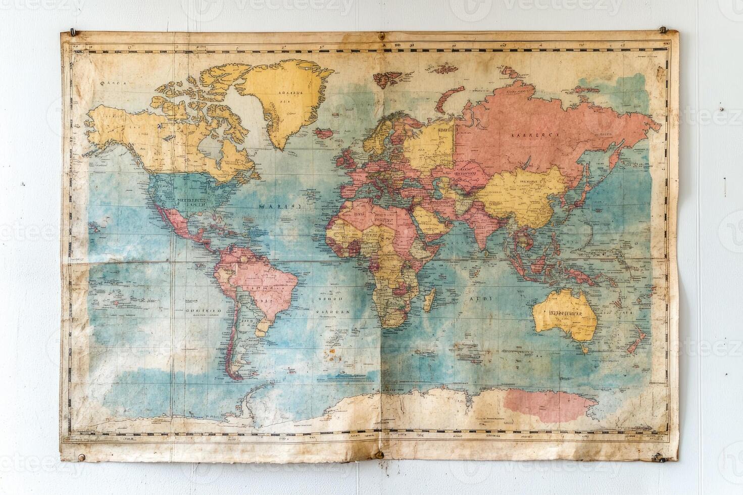Old world map hanging on white wall showing countries and continents photo