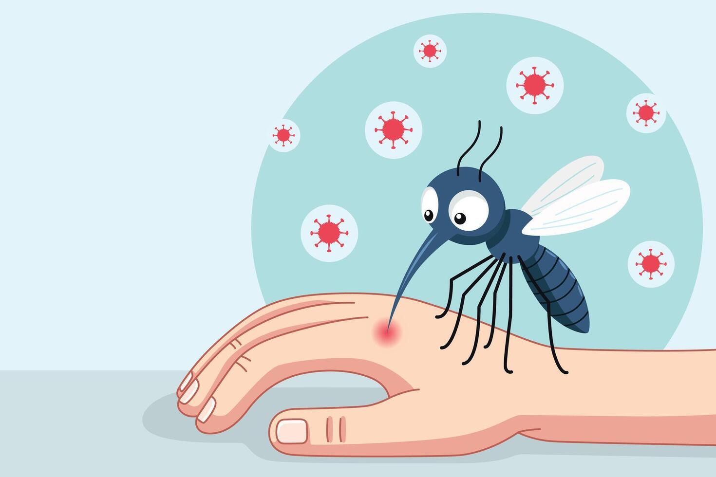 Cartoon of a dengue mosquito biting and drinking blood from a hand on a thin soft blue background. There is a blank space for text vector