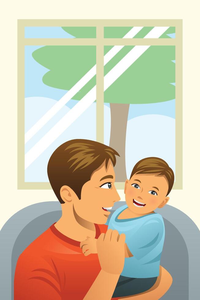 dad sits having fun with his baby boy, with a window and view in the background vector