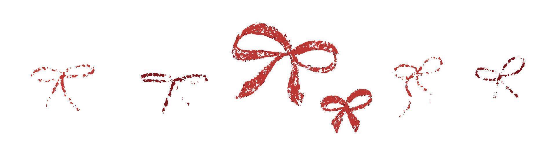 Crayon line red bow. Child pencil doodle painting with present decoration. Coquette childlike simple stroke for merry xmas celebration. Cute scratch style for surprise symbol. Lipstick paintbrush. vector