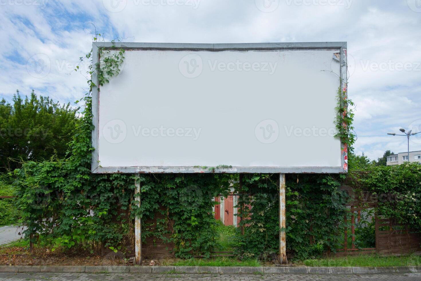 Empty billboard covered with green vines set against a cloudy sky. photo