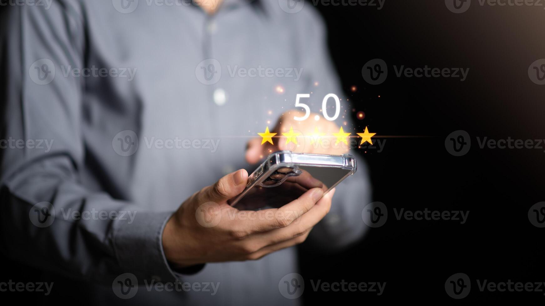 Male consumers rate their satisfaction and rate and review them online. Customer Experience Survey Concepts for Services and Products and Customer Engagement photo
