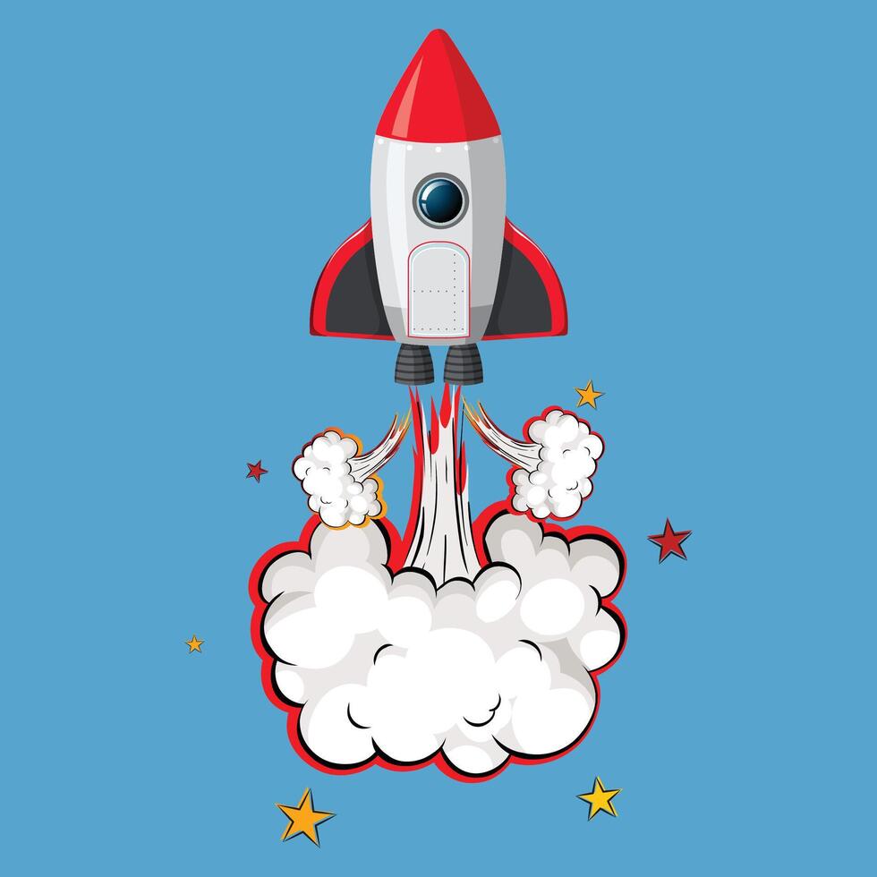A cartoon rocket flying into the sky with clouds vector