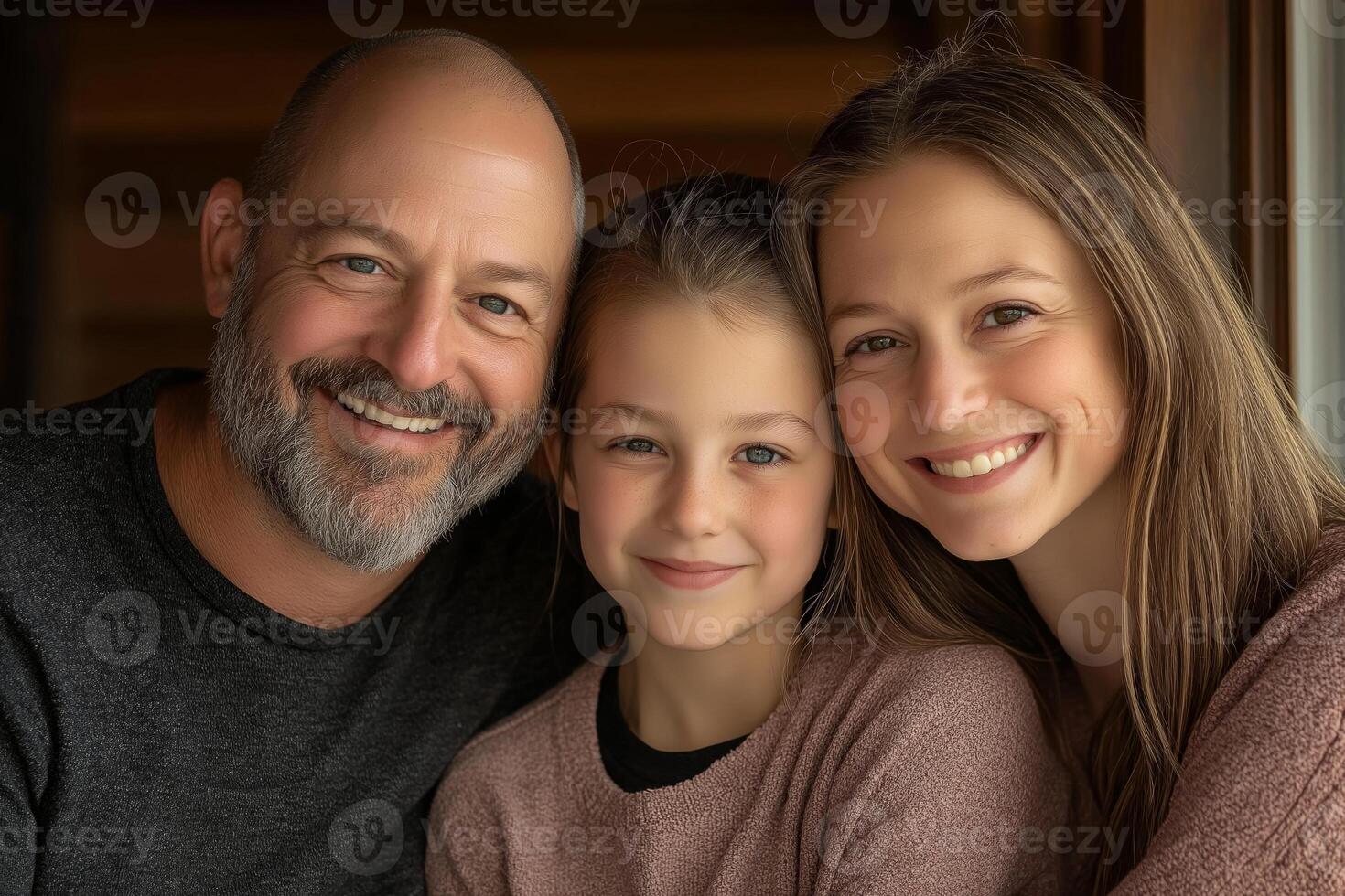 Smiling family portrait. happy moments with parents and child by the window. photo