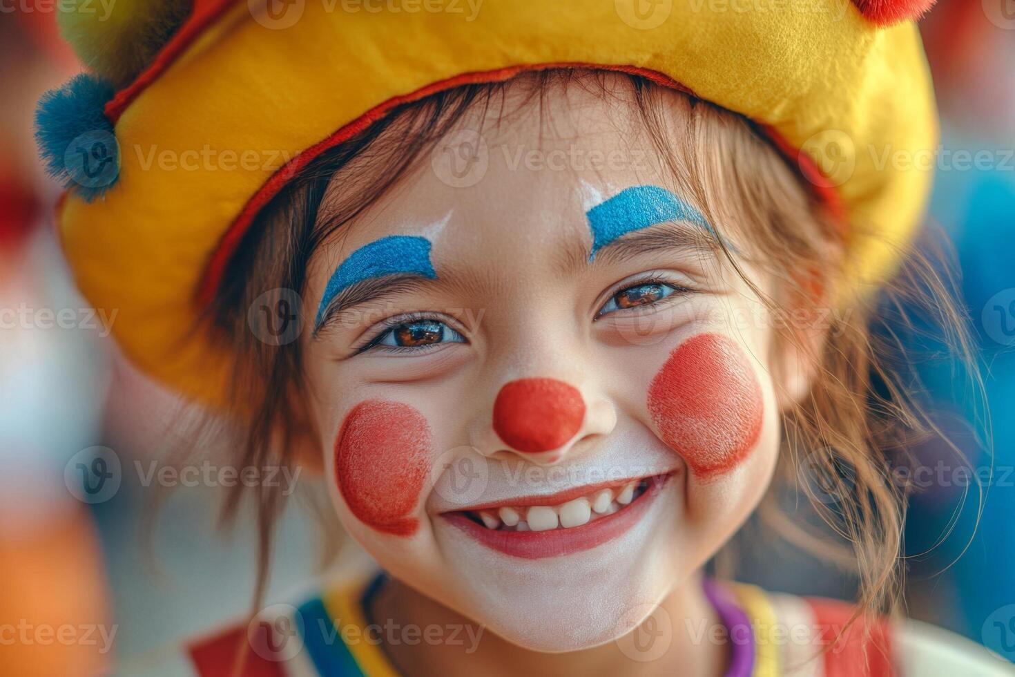 Joyful child in colorful clown costume smiling at a festival. Mardi Gras photo