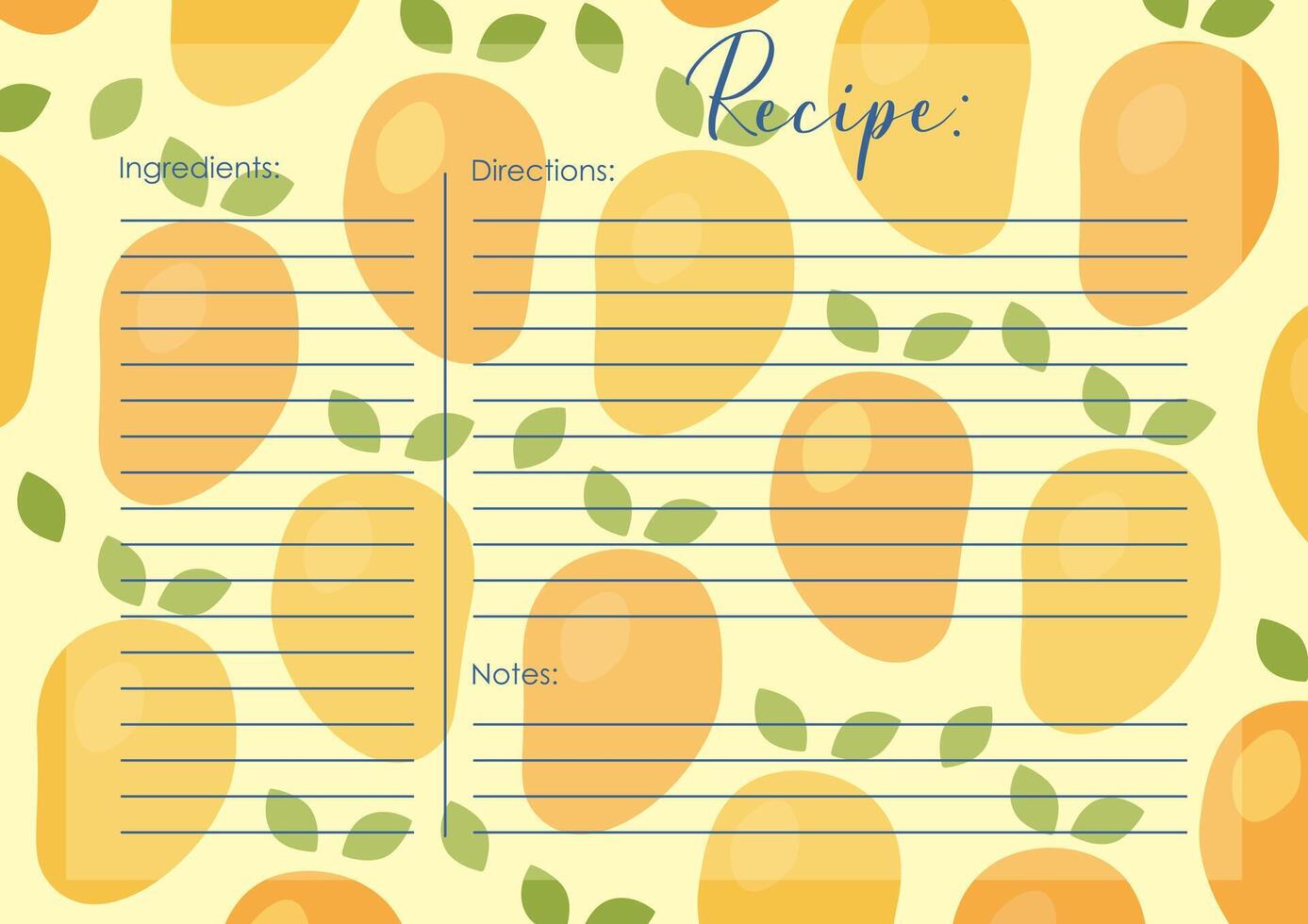 Recipe card template - fruits dishes. Juicy mango cooking list. Cartoon recipe card vector
