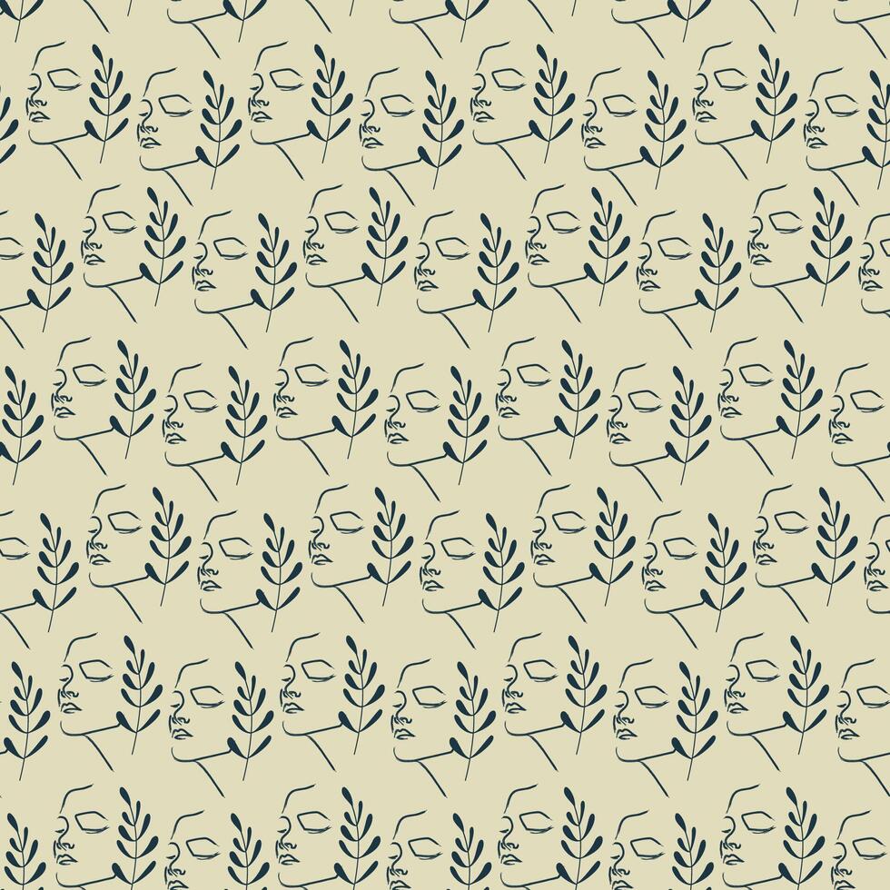 Female faces neutral colors seamless pattern. Continuous line pattern, drawing of woman vector